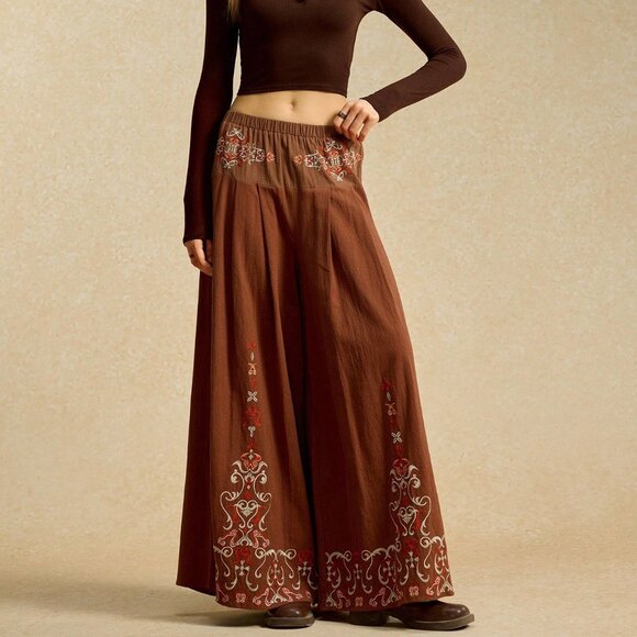 Coffee Brown Women's Patchwork Embroidered Wide Leg Pants - Picture 1 of 10